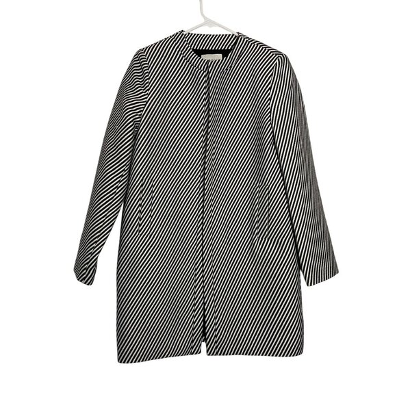 Frnch Paris Womens Black & White Striped Open Front Coat Jacket Medium - Picture 1 of 15